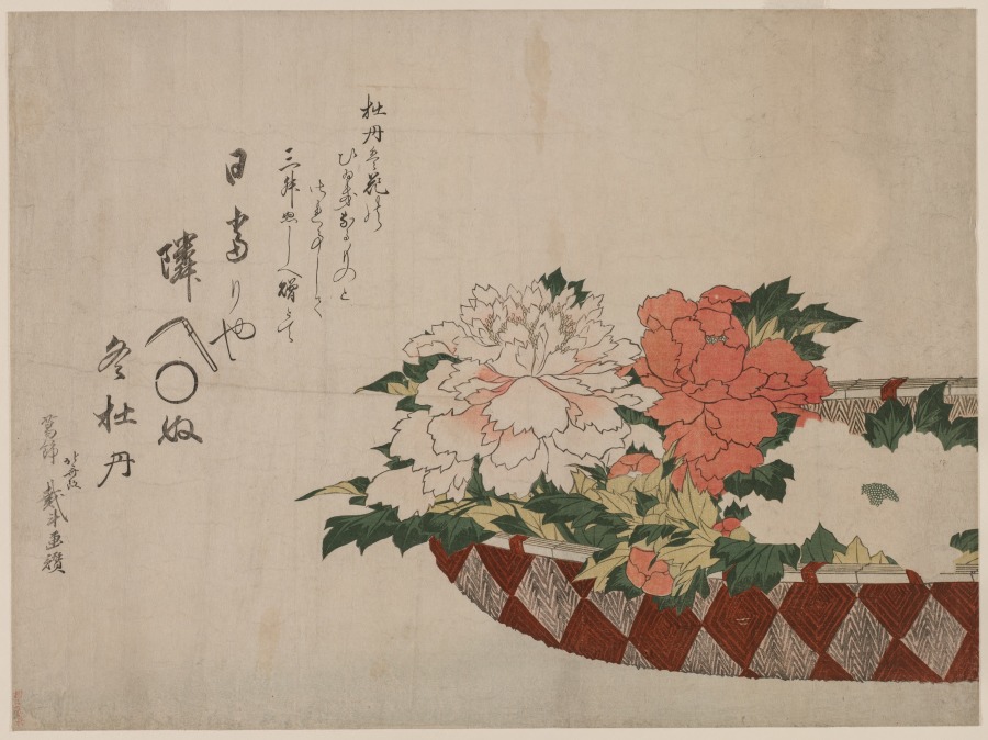 Korb mit Pfingstrosen, Katsushika Hokusai